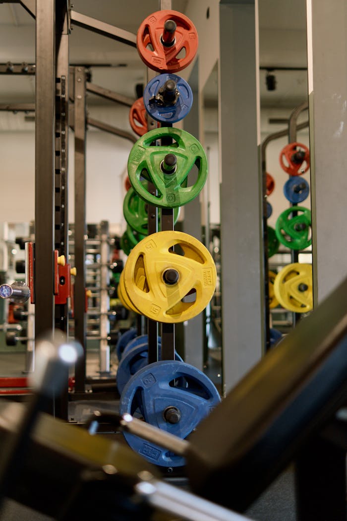 about-bg Vertical shot of colorful weight plates on rack in a gym, emphasizing fitness lifestyle.